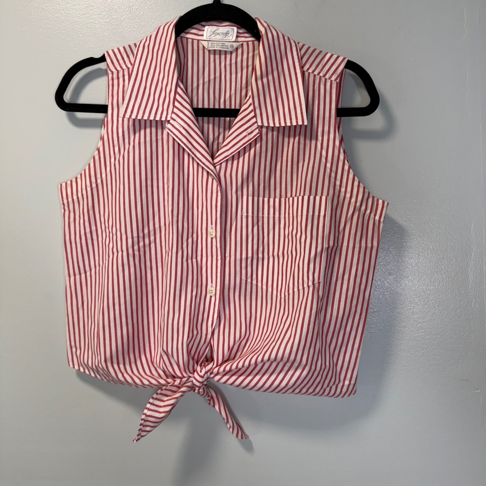 Foxcroft Womens Red White Striped Tie Front Sleeveless Button Down Shirt Size 10